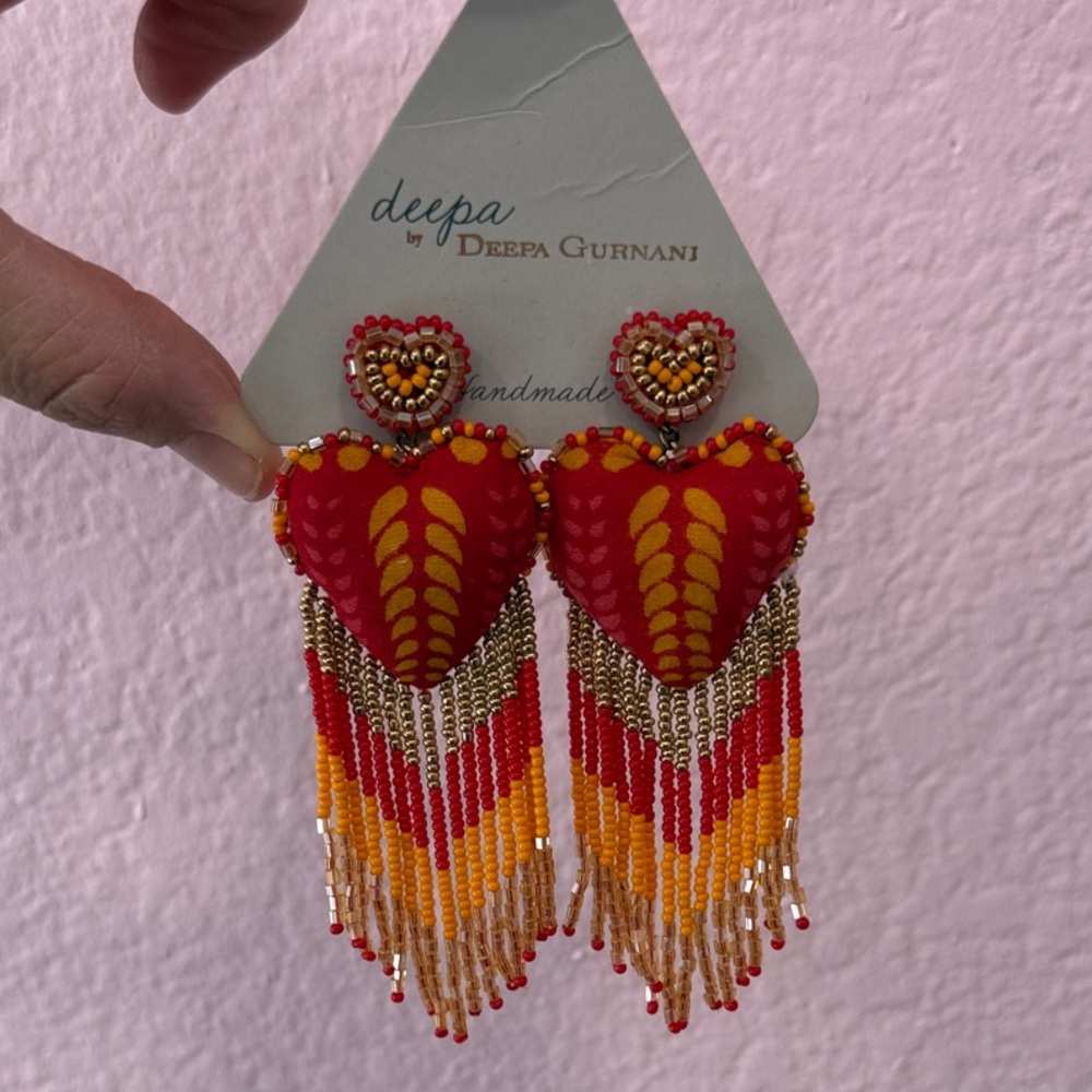 Deepa Gurnani Red & Yellow Heart Fringe Earrings
